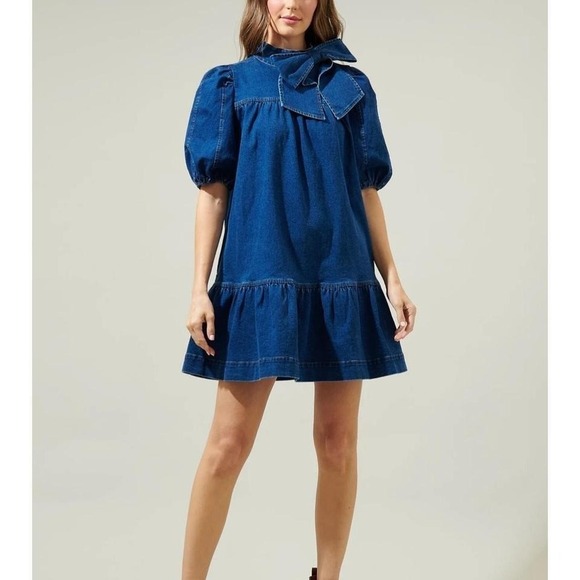Sugar Lips Dresses & Skirts - Sugar Lips Denim Bow Dress Aura Jacey Size Large Boho Preppy Western